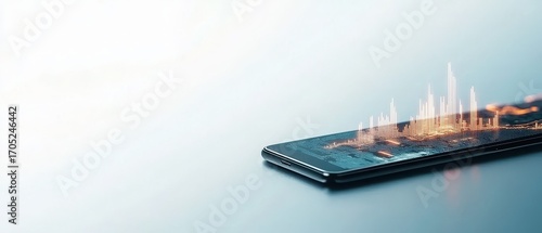 Device screen shows financial chart. Cryptocurrency trading analysis on mobile gadget. Digital assets exchange information. Business investment technology concept.