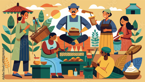 Colorful marketplace illustration with diverse vendors and local food products at sunset