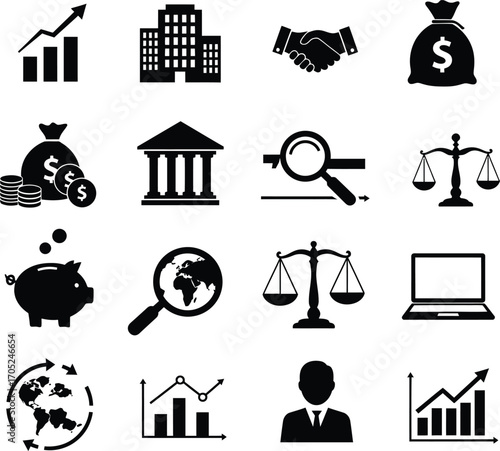 Financial and banking symbols - Black vector icon set.
