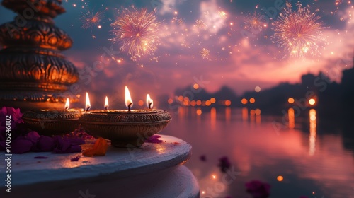 Banner design for diwali festival and podium,Diwali light decoration candle with fireworks,Stage,Product display Showcase design sparkle background,Deepavali,Dipavali,3D podium illustration.