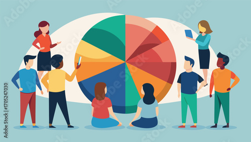 Group collaboration on a colorful pie chart during a brainstorming session in a modern office setting