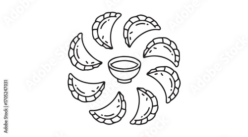 Hand drawn silhouette of dumplings arranged in a circle around a dipping sauce bowl