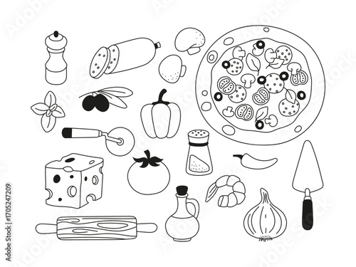 Pizza set. Vector black and white illustration.