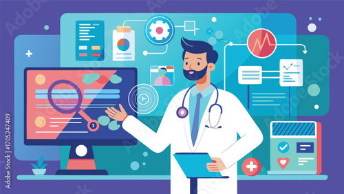 Health technology expert explaining digital solutions in a modern medical environment