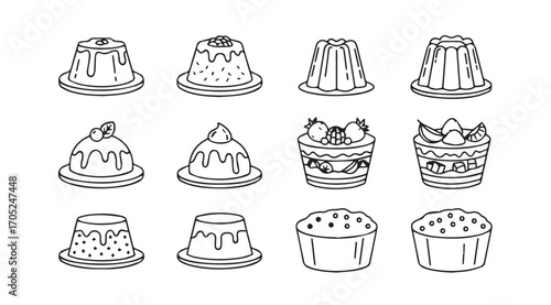 Collection of twelve assorted desserts in a stylized silhouette illustration