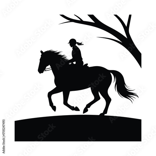 Equestrian Silhouette of Woman Riding Horse Beneath Tree Branch Black and White Art