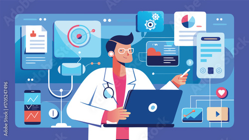 Medical professional engages with technology to analyze patient data in a modern healthcare environment