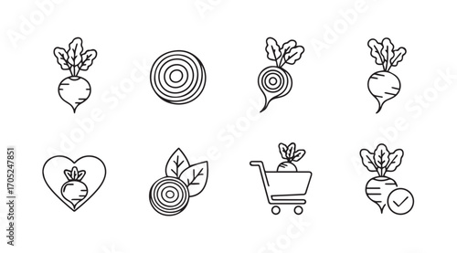 Collection of black and white beetroot icons and illustrations silhouette