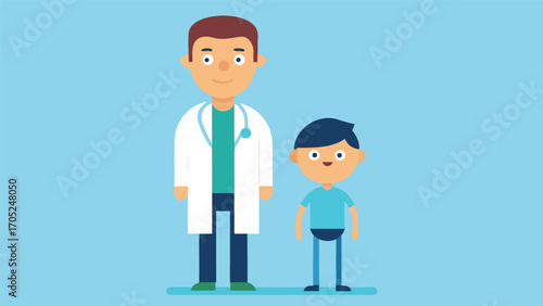 Friendly doctor stands next to a young patient in a bright, cheerful environment during a routine check-up