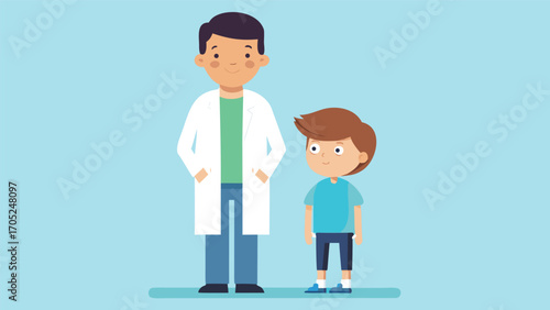 Friendly doctor standing next to a cheerful boy in a bright, light blue background with simple designs