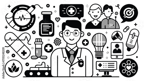 Health and technology symbols combined in a creative black and white design for medical innovation
