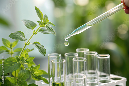 Dropper over test tube dropping sample chemical into sample herbal plaint , biotechnoloy research concept.Natural extracts