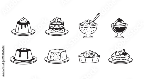 Collection of eight delicious desserts and sweet treats silhouette