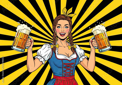 Joyful Oktoberfest woman cheers with frothy beer steins, celebrating tradition and festive spirit