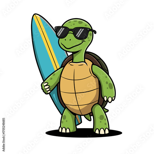 A cheerful cartoon turtle stands confidently with a surfboard, wearing black sunglasses and smiling, ready for a sunny beach adventure.