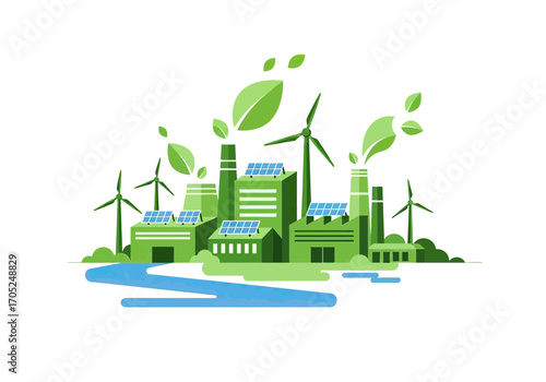 Sustainable factory complex with wind turbines and solar panels generating clean energy by a flowing river
