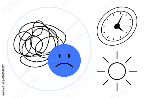 A tangled scribble with a sad face crossed out, clock symbol, and sun icon. Ideal for mental health, stress relief, time management, positivity, emotional support mindfulness self-care. A simple