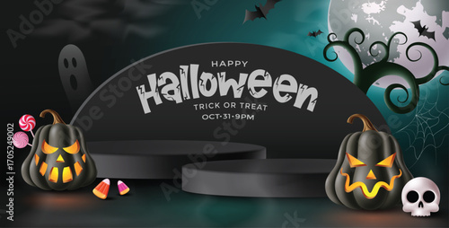 Festive Halloween template with glowing pumpkins, candy, spooky ghost, bats, skull, and creepy moonlit night. Ideal for holiday cards, trick or treat party flyers, and autumn season events.