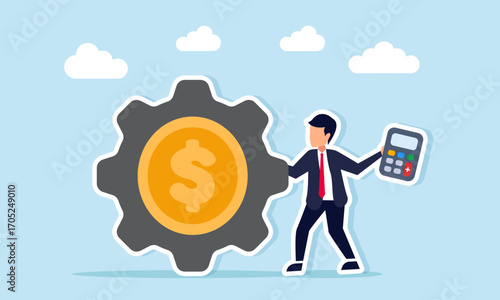 Businessman holding calculator standing near gear with dollar coin illustration of financial calculation and corporate money management