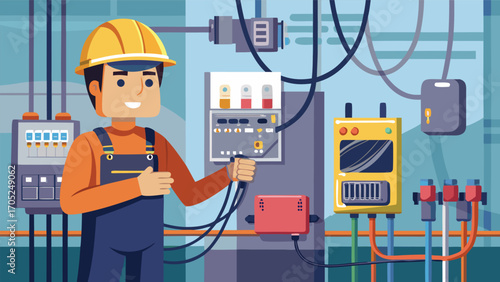 Electrician working on control panel in a modern workshop during daytime