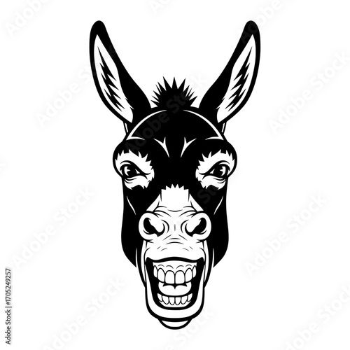 A vector illustration of a donkey's face showing a wide, smiling expression with visible teeth.