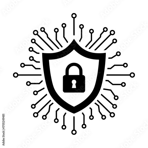 A vector icon featuring a shield and padlock at the center, surrounded by digital circuit elements. 