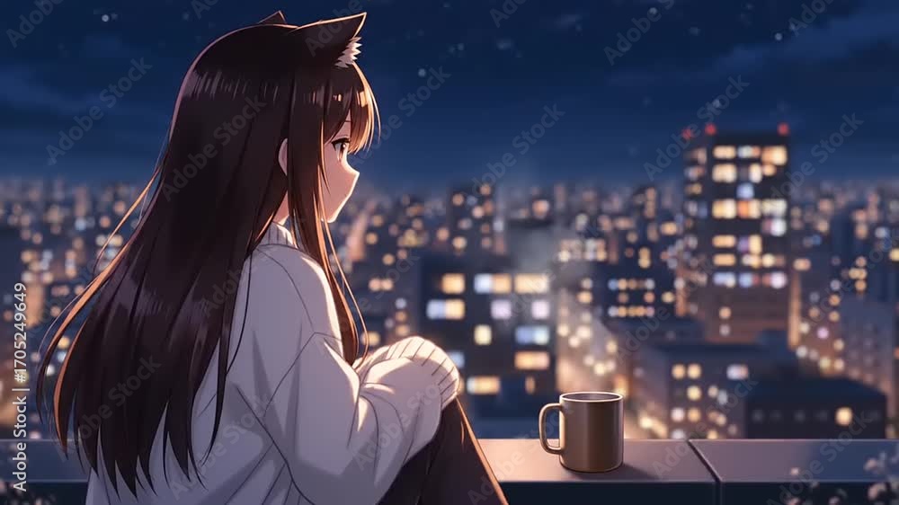 Anime girl with cat ears contemplating the illuminated city skyline at ...