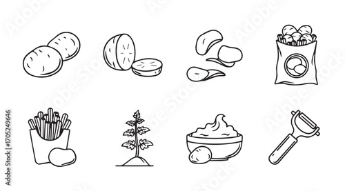 Collection of potato products and preparation tools silhouette