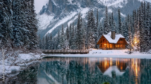 Snowy landscape featuring a cabin by a lake with a wooden bridge and mountain backdrop
