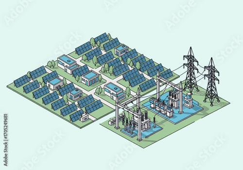 Modern solar farm infrastructure with power lines and substations generating clean energy