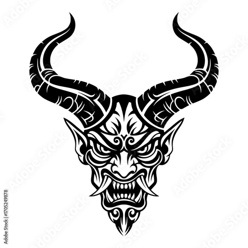 A vector illustration of a devil or Oni head with an angry expression and large horns. 
