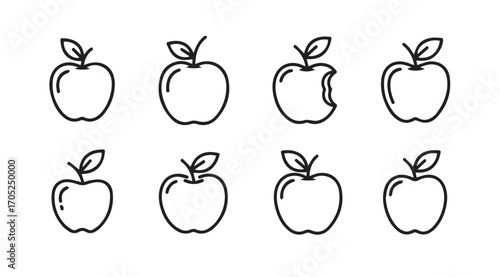 Collection of hand drawn apple icons in a simple outline silhouette style