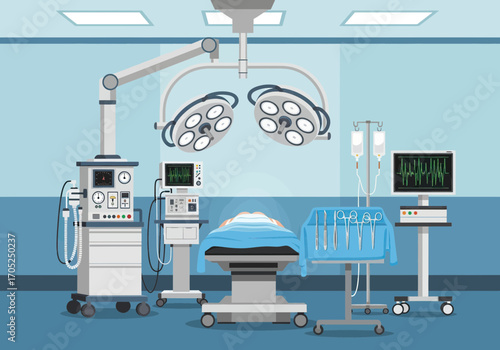 Modern operating room scene with patient and medical equipment ready for surgery.
