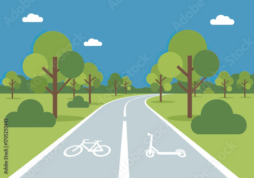 Serene park path welcomes cyclists and scooter riders through lush green trees under blue sky