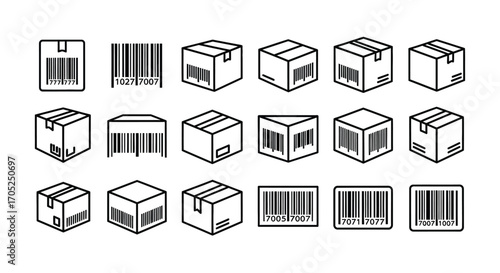 Collection of barcode and shipping box icons in silhouette