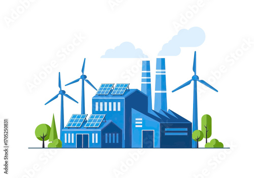 Modern factory harnesses wind and solar power for sustainable energy production in a clean industrial setting.