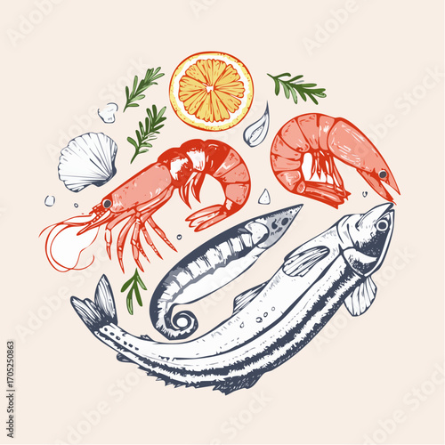 Seafood sketch. Vintage fish food drawing for restaurant menu or kitchen poster or placard. Shrimp, seashell, squid in doodle sketch style.