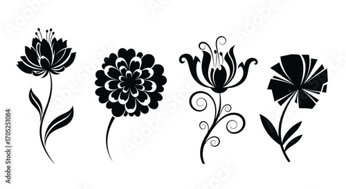 Collection of four stylized floral silhouettes with delicate stems