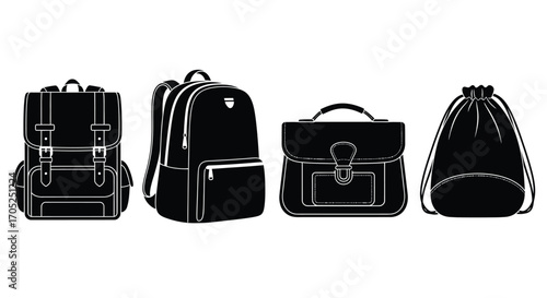 Collection of four distinct backpack silhouettes for outdoor and travel use