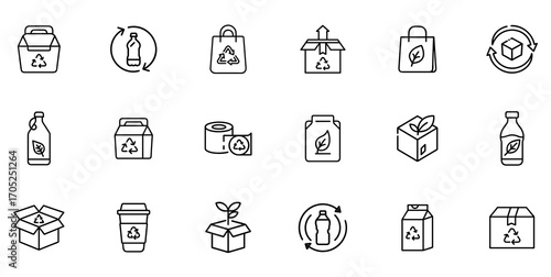 Eco Packaging and Recycling Line Icons Set – Minimal Editable Stroke Vector Symbols for Sustainable Products and Zero Waste Design