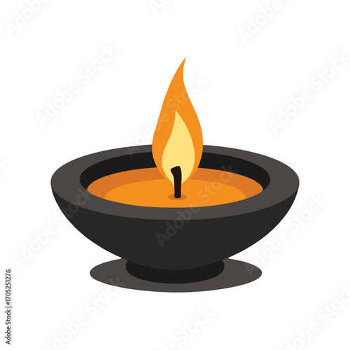 Burning diya lamp in clay bowl with flame for festival decoration