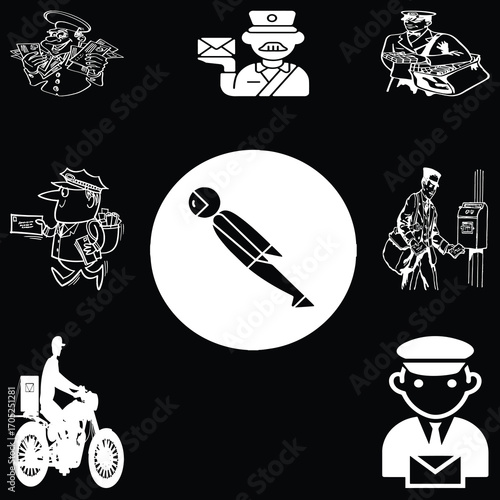 Global Mail Carriers Collection Depicting Traditional and Modern Postal Workers in Black and White Illustrations