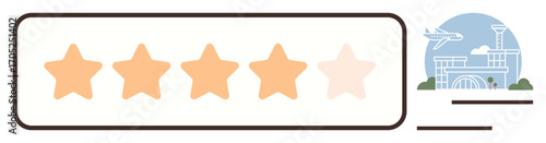 Five-star rating with four stars highlighted and one dimmed, accompanied by an airport and airplane graphic. Ideal for customer feedback, travel review, quality evaluation, service rating, tourism