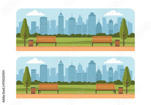 Serene urban park scene with city skyline backdrop and inviting park benches for relaxation and contemplation