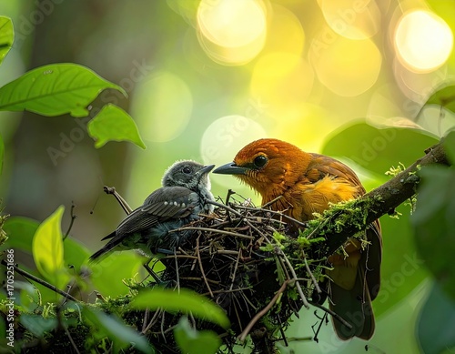 Bird Feeding Chick in Nest