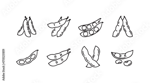 Collection of hand drawn edamame pods and beans in a simple silhouette style