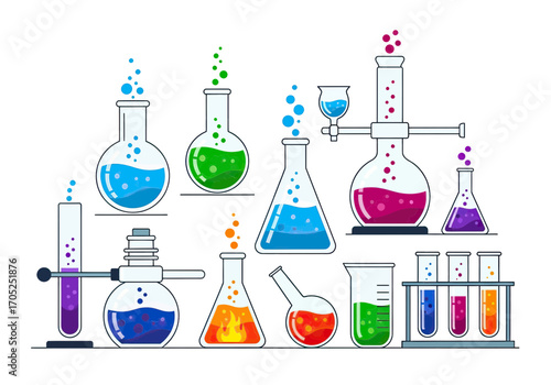Vibrant chemistry lab setup with colorful liquids and molecular formulas creating educational science visuals