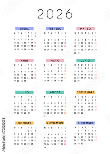 2026 yearly calendar with modern minimalist design and colorful month headers in Spanish language. Printable annual planner for home, office, school, and organization. Full year layout. Vector.