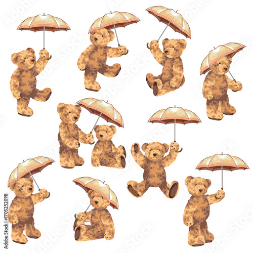 Illustration of a cute little bear holding an umbrella,
