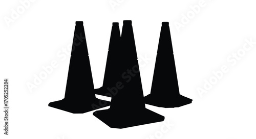 Four black traffic cones in a group silhouette